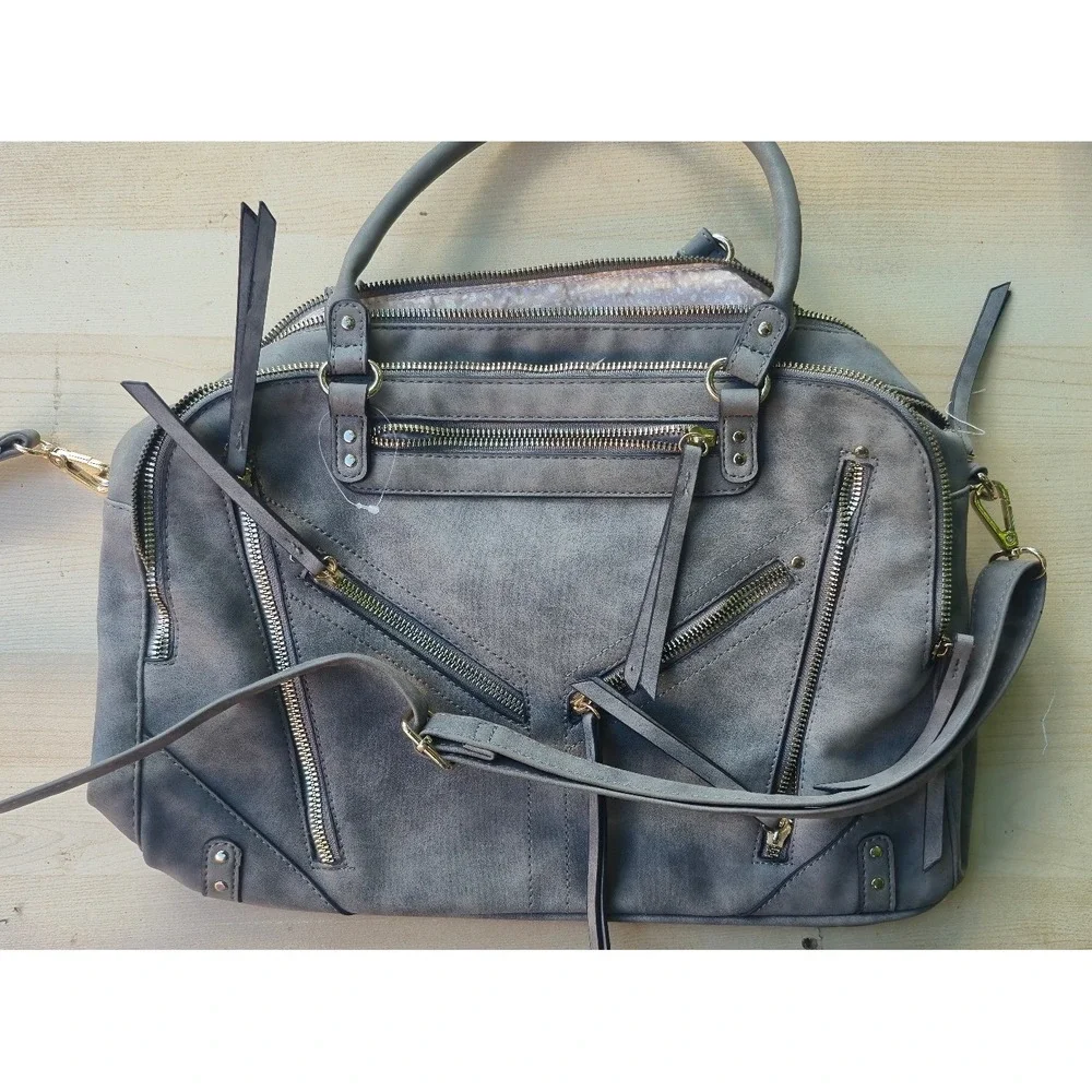 Grey Faux Suede Multi-Zip‎ Satchel Handbag Gold Hardware Crossbody Bag